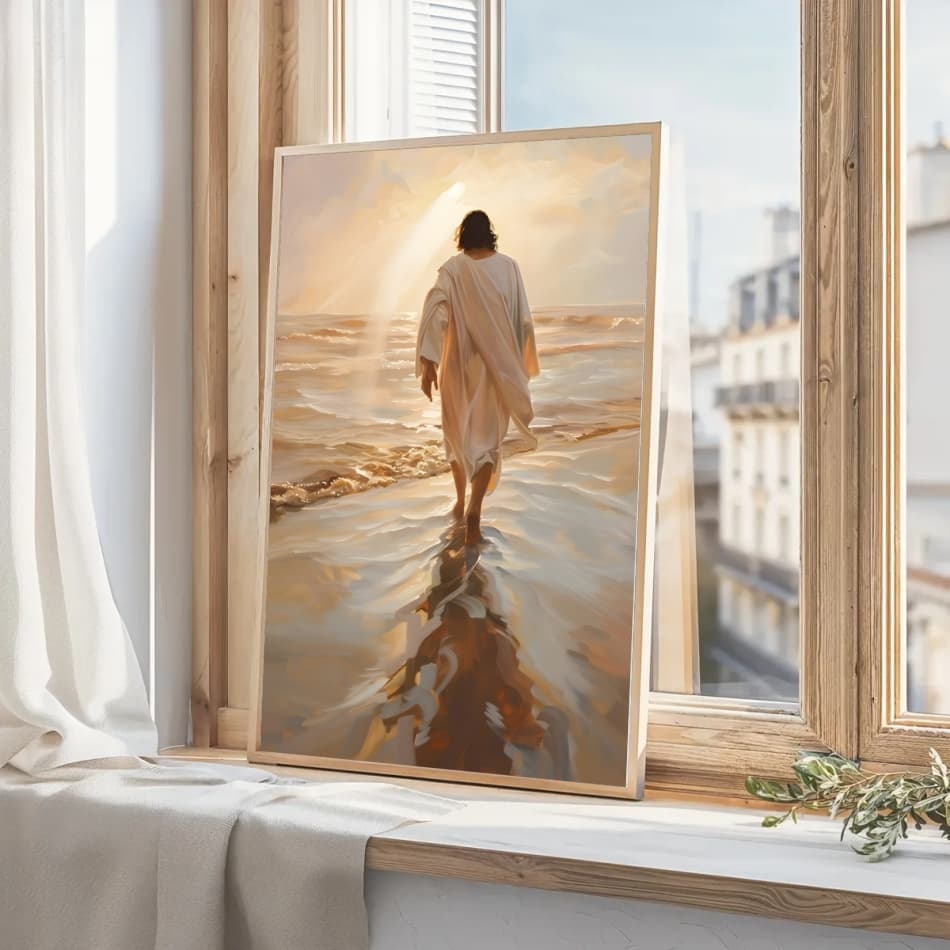Quadro Decorativo Jesus Caminhando Praia Por Do Sol Moldura Caixa TokQuadros