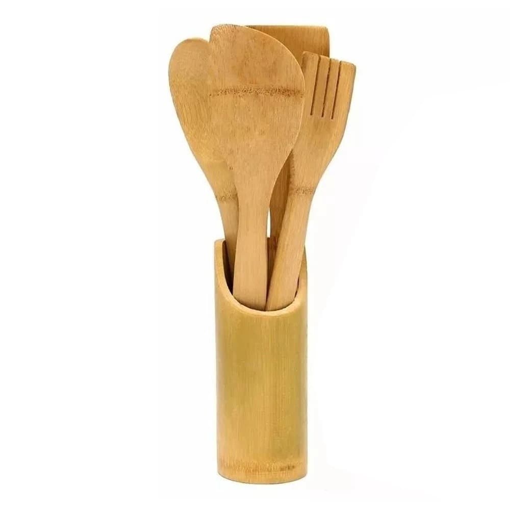 Kit Talheres Em Bambu - 5 Pçs - Colher, Garfo, Espatulas