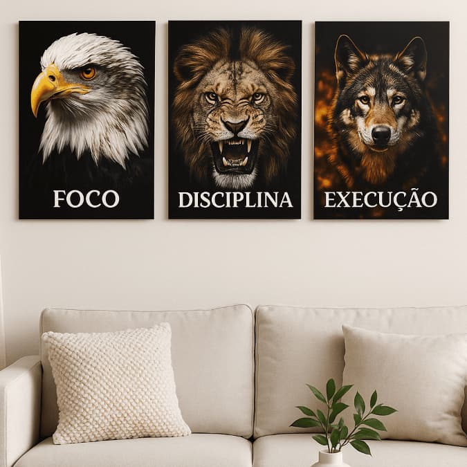 Kit 3 Quadros Decorativo 23x16 Quarto Sala Cozinha Escritório - Foco Disciplina Execução