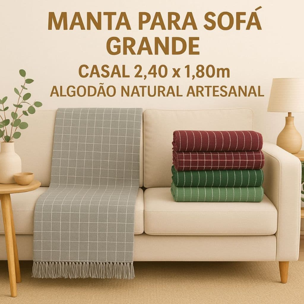 Manta Sofá Casal 2,40x1,80m Algodão Natural Elegante Artesanal com Franja Decorativa