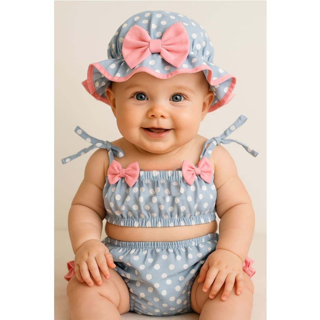 Kit 3 Peças Banho de Sol Bebê Menina Estampa Divertida Charme Laço Delicado Moda Praia Piscina Foto