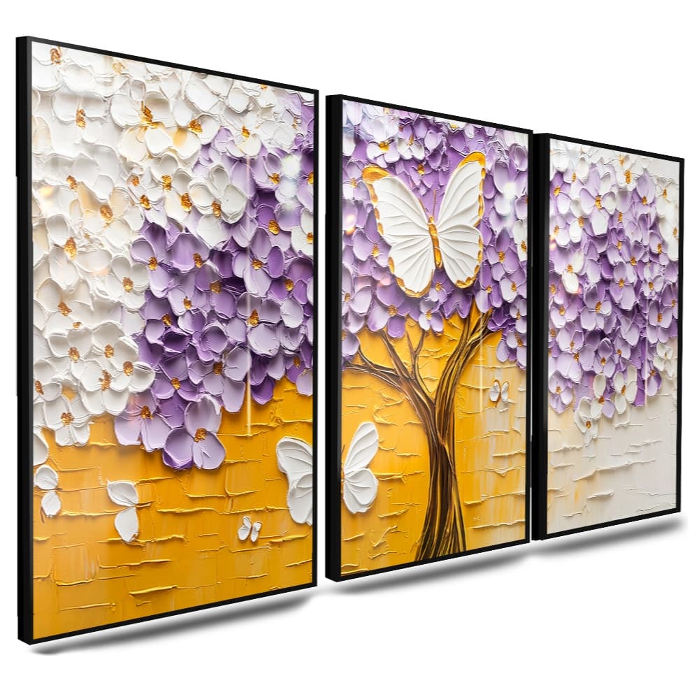 Kit Quadros Decorativos com 3 peças Cerejeira Roxa com Borboletas Brancas Primavera Jardim Encantado