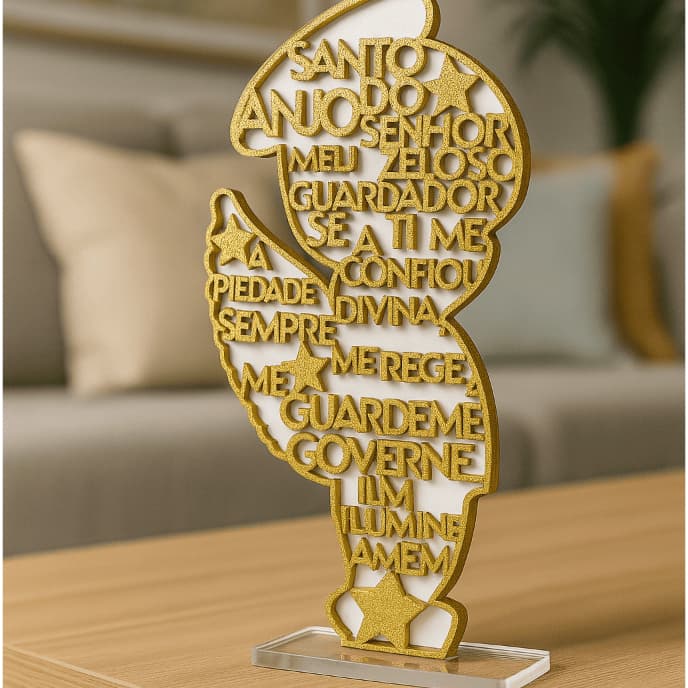Anjinho Em MDF Recortado Dourado Sobreposto PS Branco Base Transparente Santo Anjo do Senhor