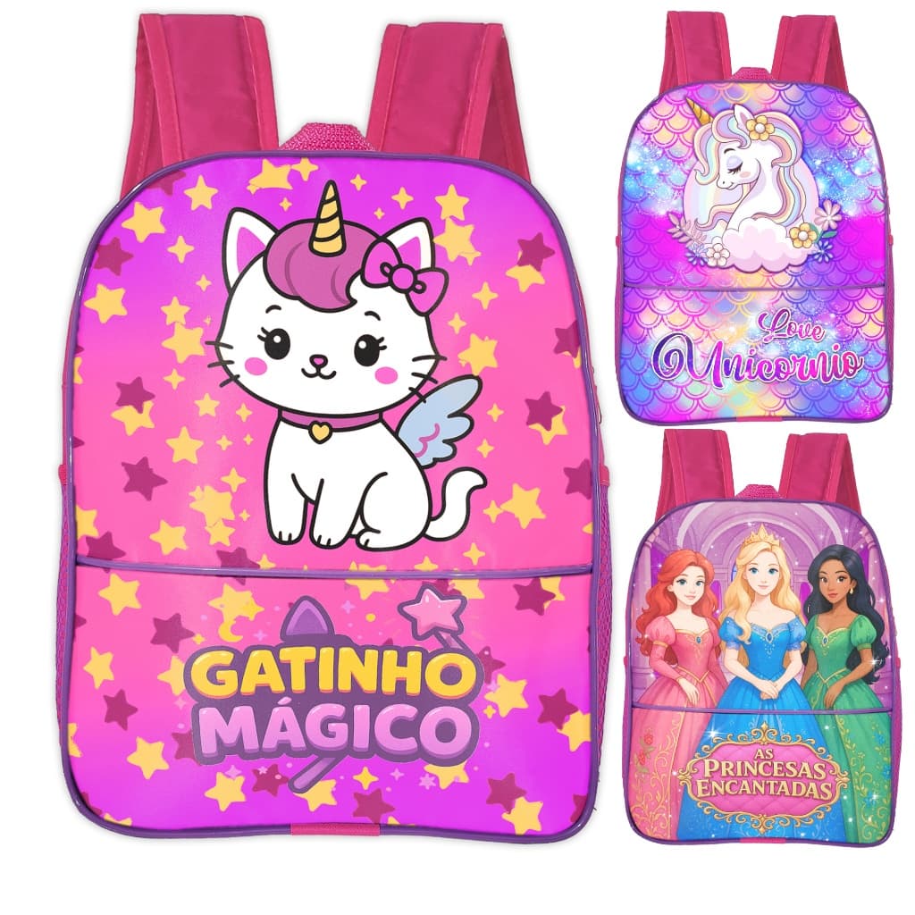 Mochila Escolar Infantil Menina 30cm Tecido Resistente Sereia Gatinho Panda Unicórnio Princesas