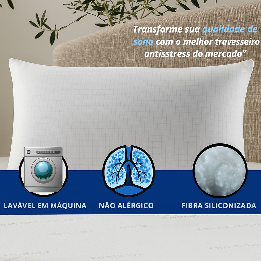 Travesseiro Antistress com Fios de carbono suporte firme Antialérgico Enchimento de Fibra Siliconada Lavavel em Máquina