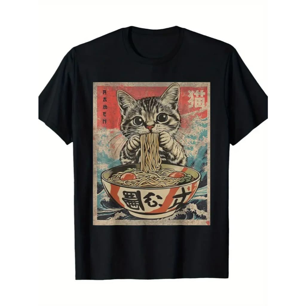 Camiseta Feminina Algodão Adulto, Infantil Blusinha Gato Macarrão Lamen Streetwear Moda Premium
