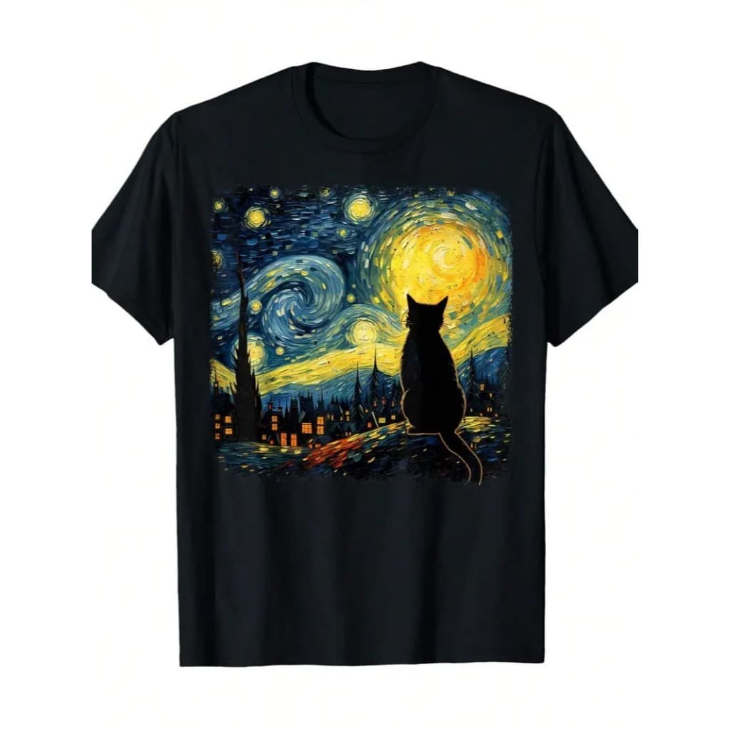 Camiseta Feminina Algodão Adulto, Infantil Blusinha Gato Quadro Van Gogh Streetwear Moda Premium