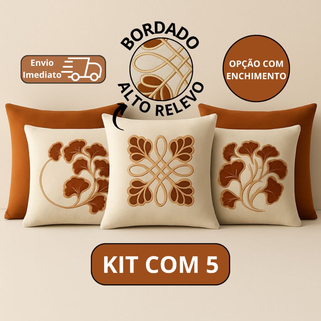 KIT 5 ALMOFADAS DECORATIVAS TERRACOTA E OFF-WHITE | BORDADO LUXO ALTO-RELEVO | PARA SOFÁ CAMA QUARTO