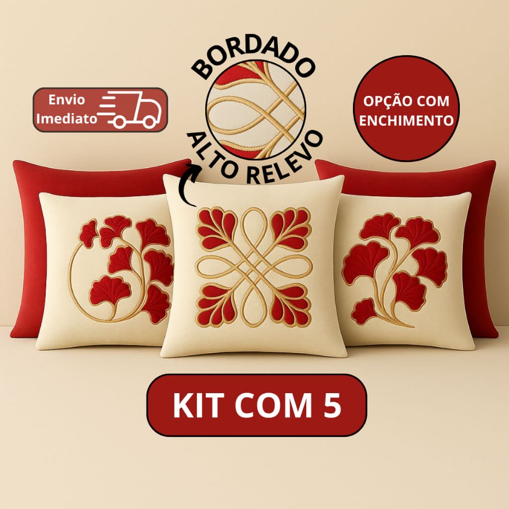 KIT 5 ALMOFADAS VERMELHAS DECORATIVAS | BORDADO LUXO EM ALTO-RELEVO | SALA SOFÁ CAMA QUARTO