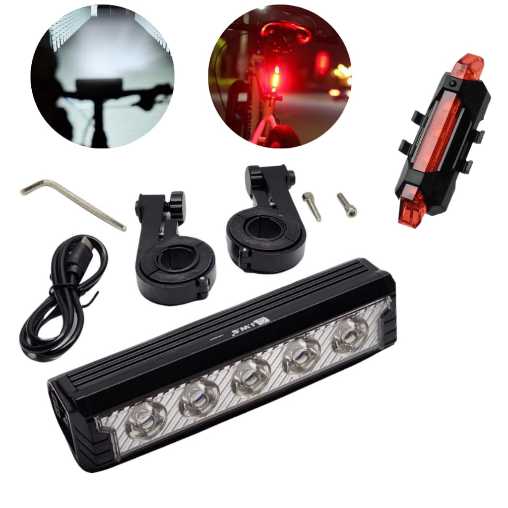 Farol Monster JWS Original 5 Led Tg3 Lanterna Bike 20.000 Lumens + Led Traseiro Bike Vermelho