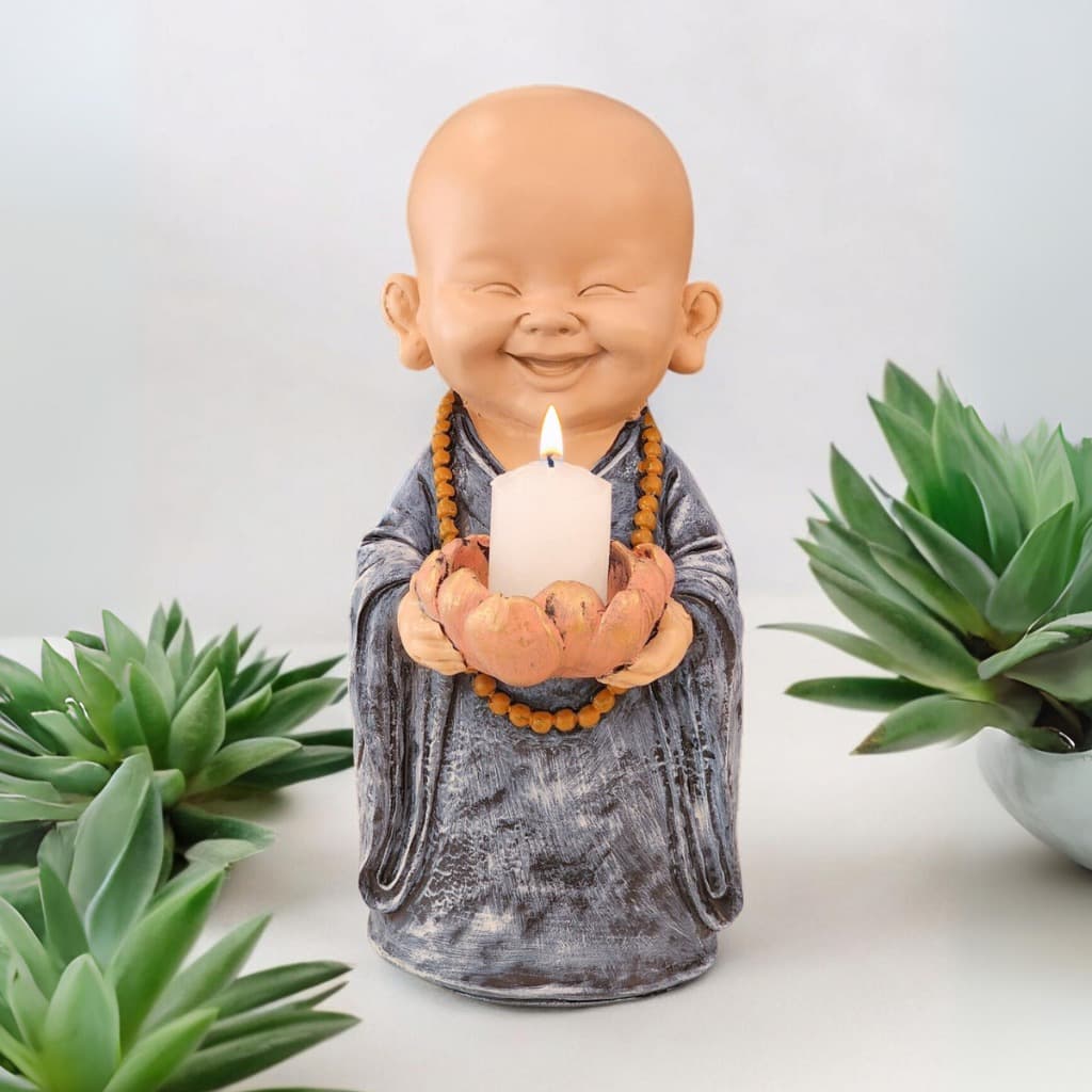 Buda Chines Da Felicidade Castiçal Lotus 29cm Estátua Resina