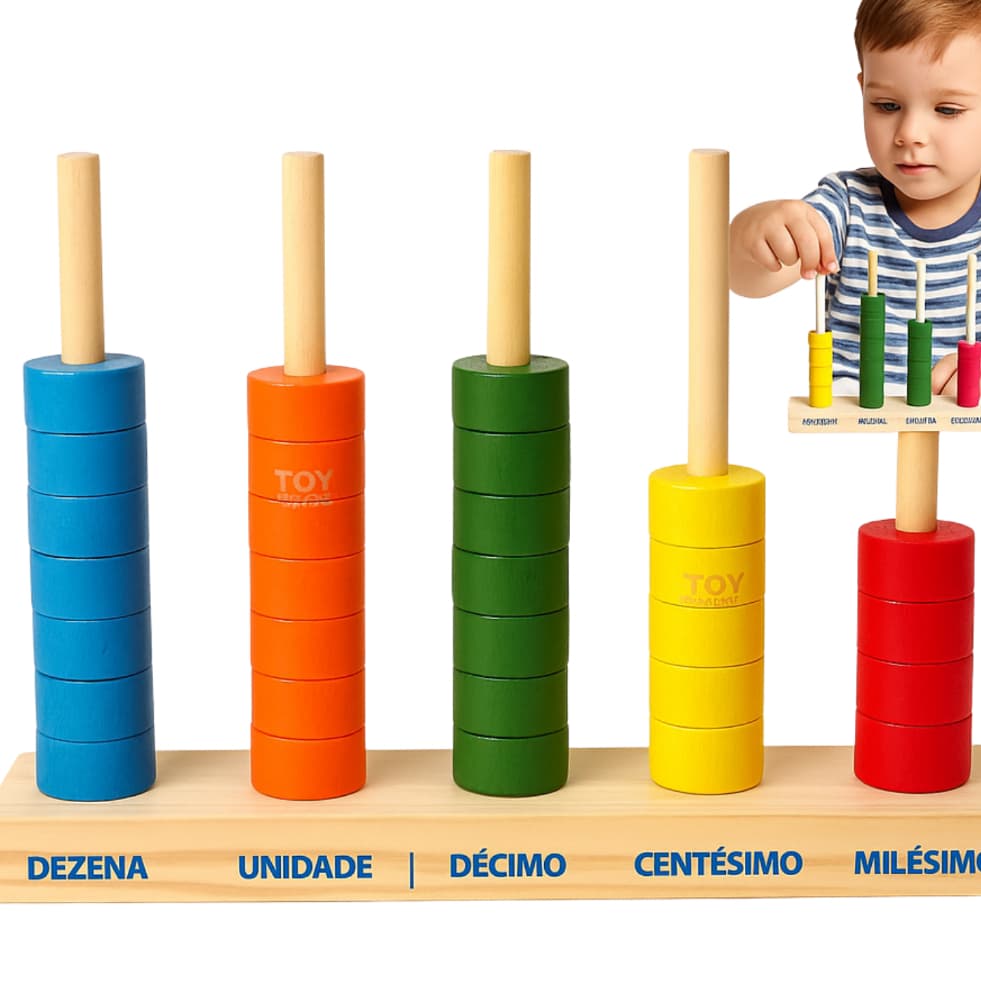 Ábaco Aberto de Madeira Educativo Infantil Montessoriano 50 Argolas Coloridas e 5 Hastes - Toy Trade