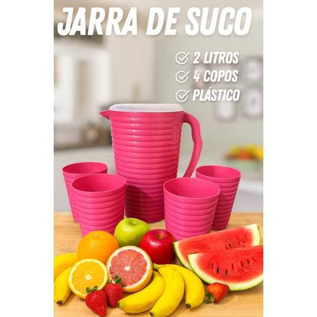 Jarra De Plástico com Tampa + 4 Copos 350ml Suco Água Resistente Domestico Geladeira Cozinha