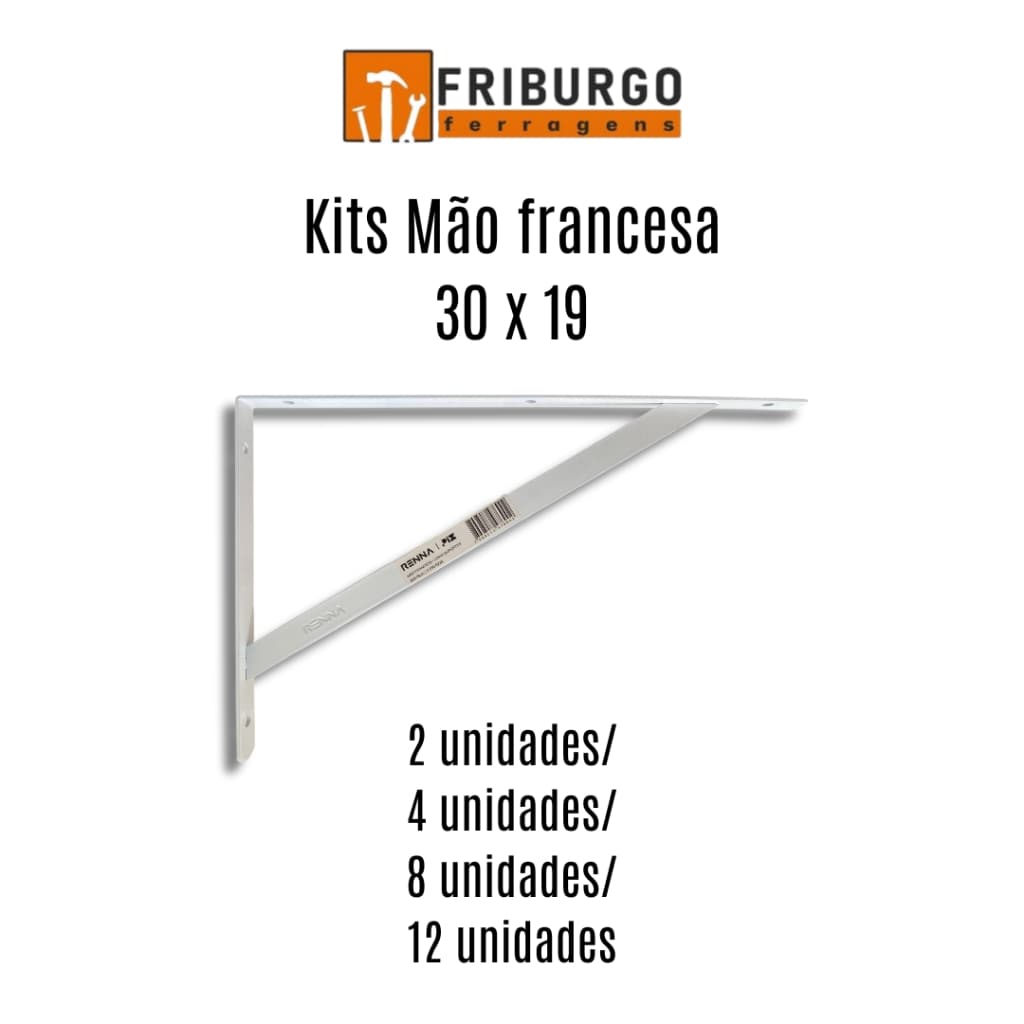 Mão Francesa Suporte para Prateleira BRANCA 90° - 30x19 - QUANTIDADES - com buchas e parafusos