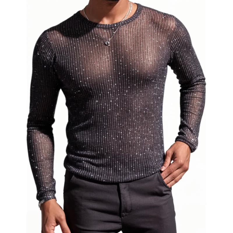 Camiseta Masculina Manga Longa Tule Canelado Brilhoso  – Transparente, Festa, Balada, Fashion