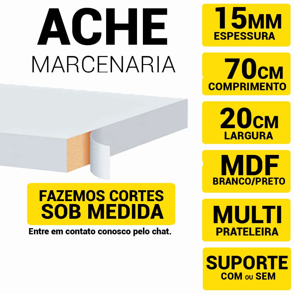 Prateleira Mdf 15mm Branco Tx 70x20cm C/Acabamento Fitado 3 Lados, Temos Suporte -