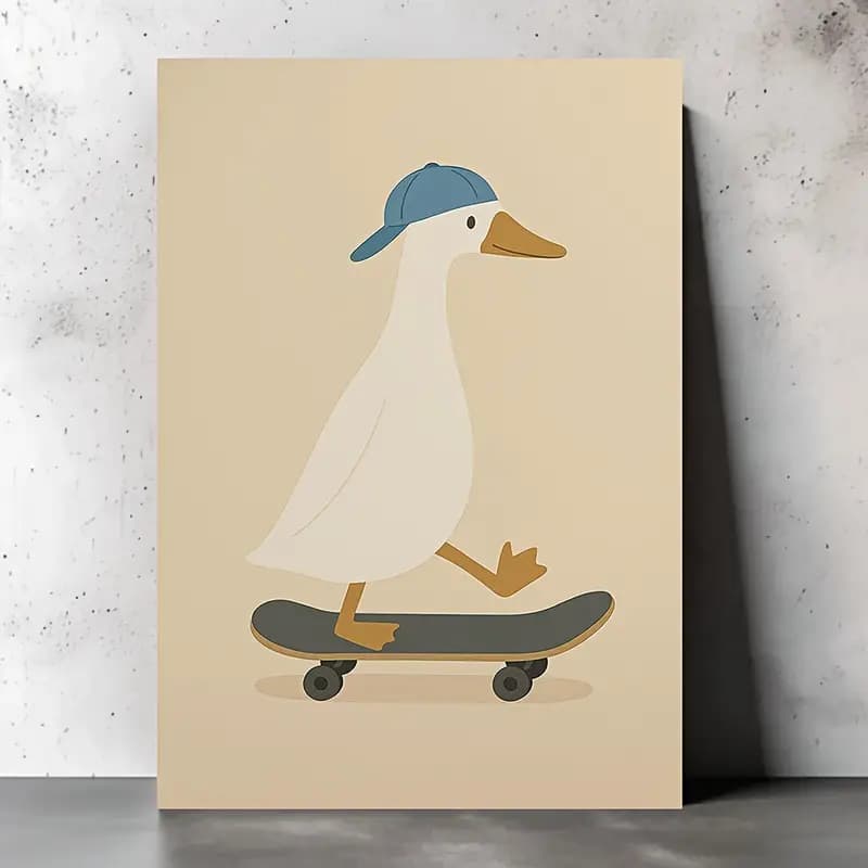 Quadro Pato Skatista - Arte Fofa com Boné Azul e Skate para Quarto Infantil ou Meninos