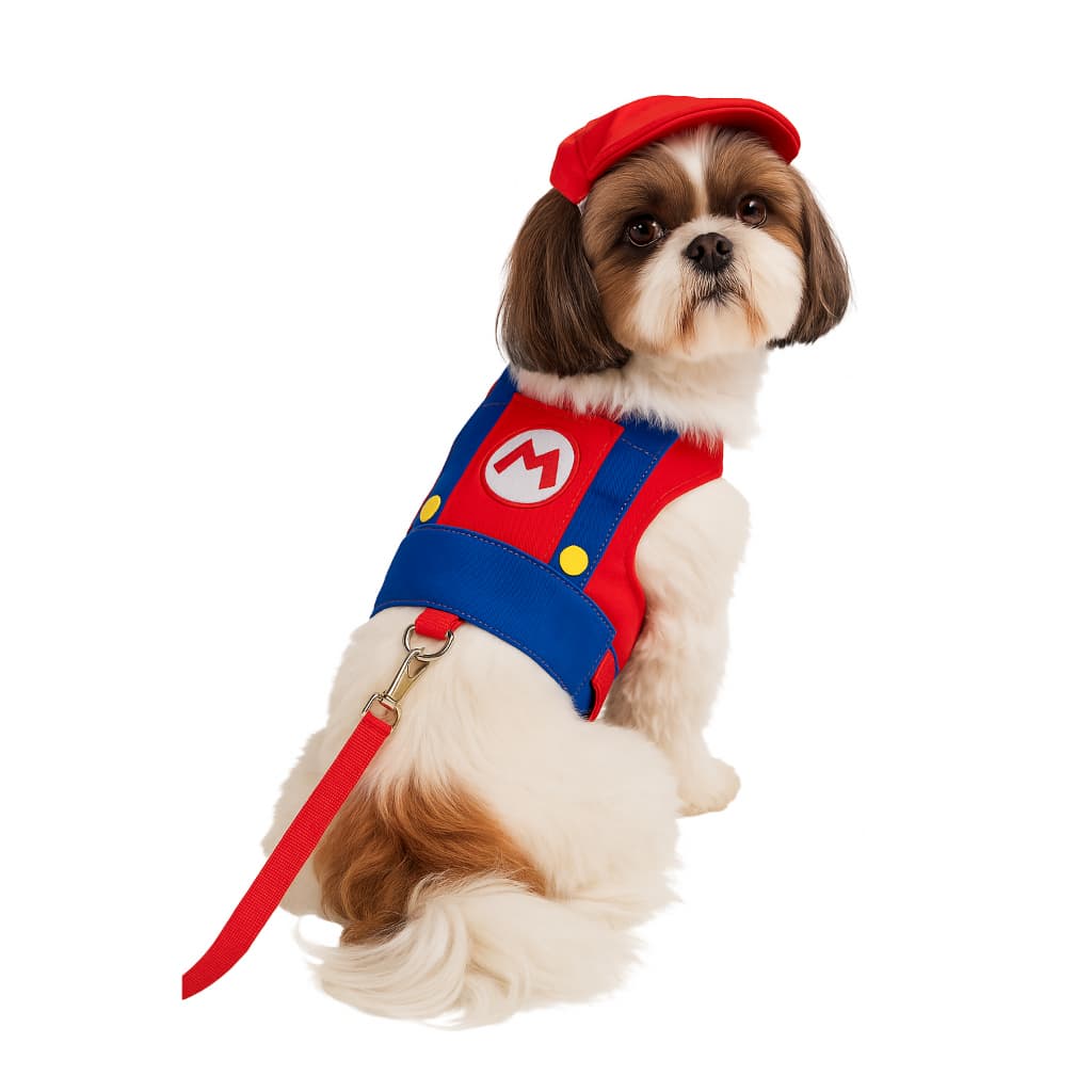 Roupa Pet - Guia Peitoral Mario - Kit Com Boné