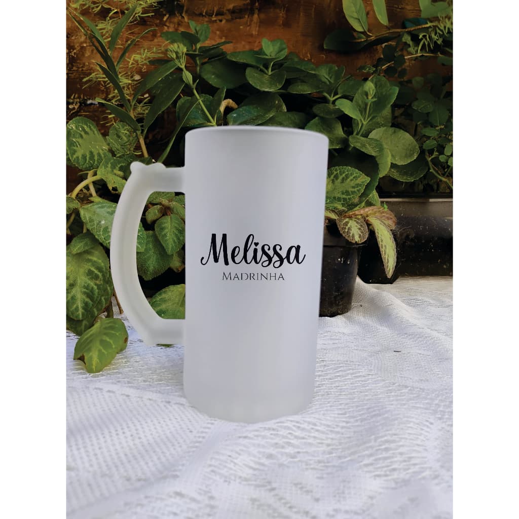 Caneca Personalizada Chopp Vidro Jateado Fosca Casamento Madrinha Padrinho Grande 475ml