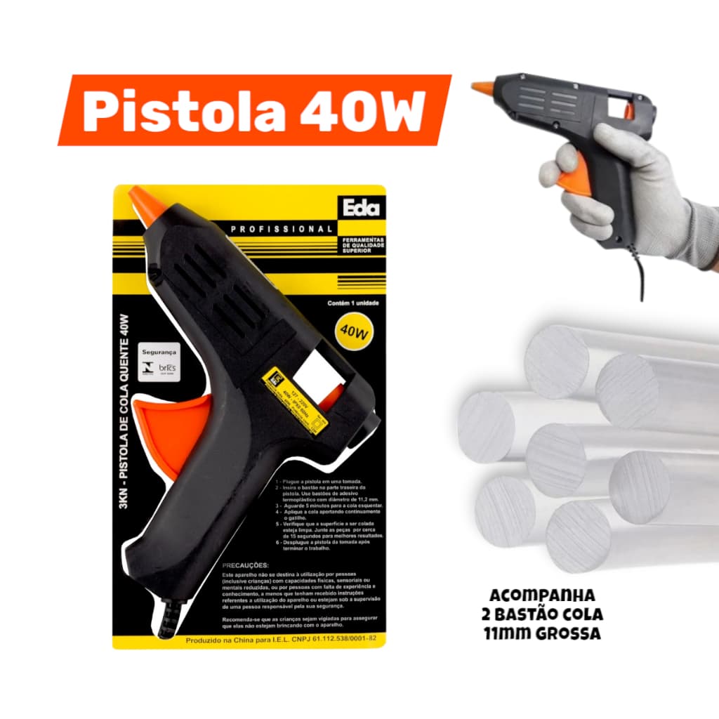 Aplicador de Cola Bastão Silicone 40W Eda Refil 11mm Grossa Casa Artesanato Uso Geral