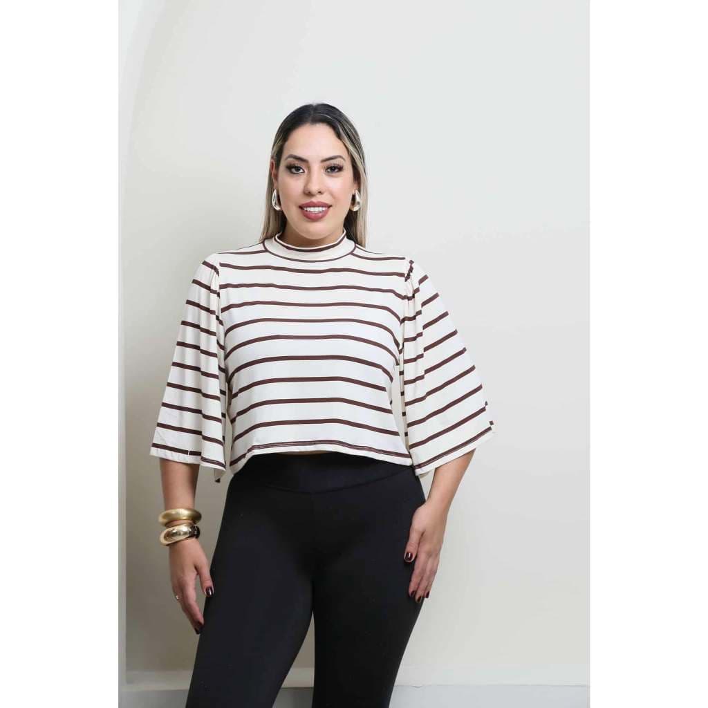 Blusa Cropped De Manga Flare Gola Alta Tamanho Unico