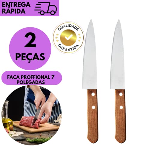 2 Facas Inox 7” Cabo de Madeira Super Afiada Chef Cozinha Churrasco Profissional uso Diário