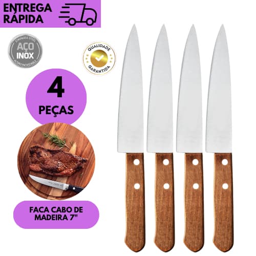Kits 4/3 ou 2 Facas de Cozinha Inox Cabo de Madeira Chef Churrasco Corte Preciso Profissional 7 Pol