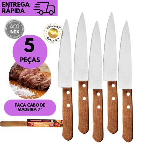 Kits 5/4 ou 3 Facas 7 Polegadas Inox Cabo de Madeira Cozinha Chef Churrasco Profissional Restaurante