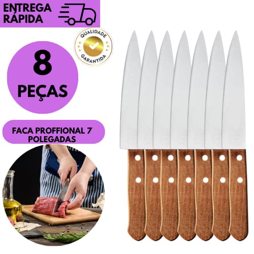 Kit 8/6/5 ou 3 Facas de Cozinha Inox 7” Cabo de Madeira Chef Churrasco Profissional uso Diário Resta