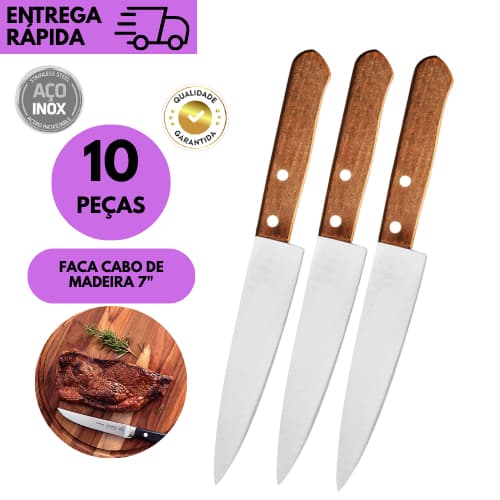 kits 10/8/6 ou 4 Facas 7 Polegadas Inox Cabo de Madeira Cozinha Chef Churrasco Corte Preciso Afiada