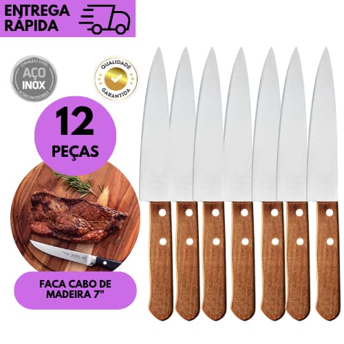 kits 12/8/6 ou 5 Facas de Cozinha 7” Inox Cabo de Madeira Chef Profissional Corte Rápido e Preciso