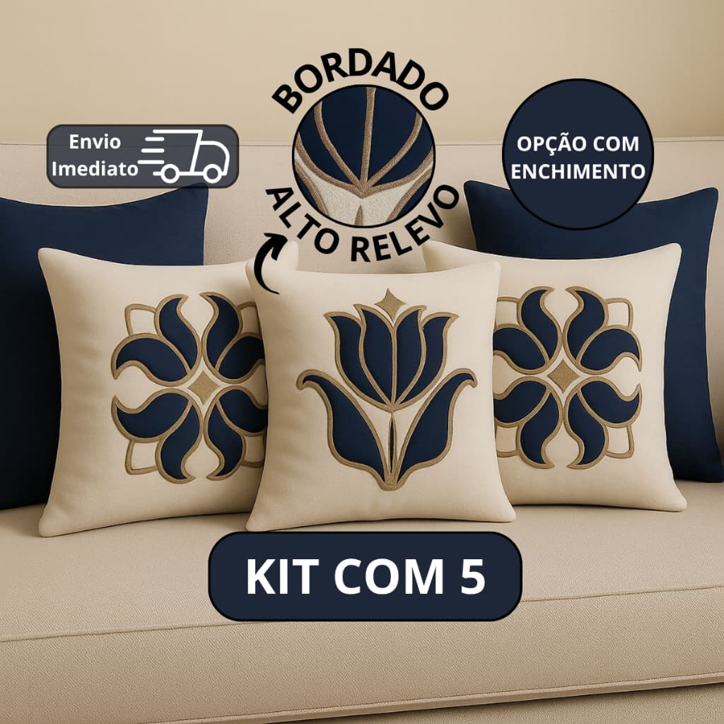 KIT 5 COM ALMOFADAS LUXO AZUL MARINHO | BORDADO ALTO RELEVO EM SUEDE PREMIUM | DECORAÇÃO | COM OU SEM ENCHIMENTOS
