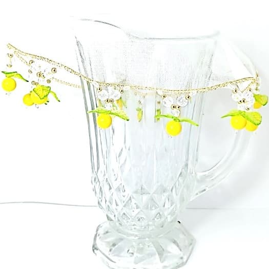 Cobre Jarra/Taça/Fruteira Cristal c/Limão Siciliano Protetor Bordado c/Pedrarias p/Mesa Posta