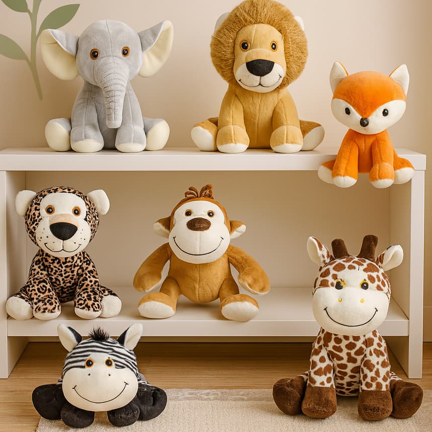 Pelúcia Safári 30cm Antialérgica Leão Zebra Elefante Girafa Macaco P/ Bebê Decoração Festa Presente