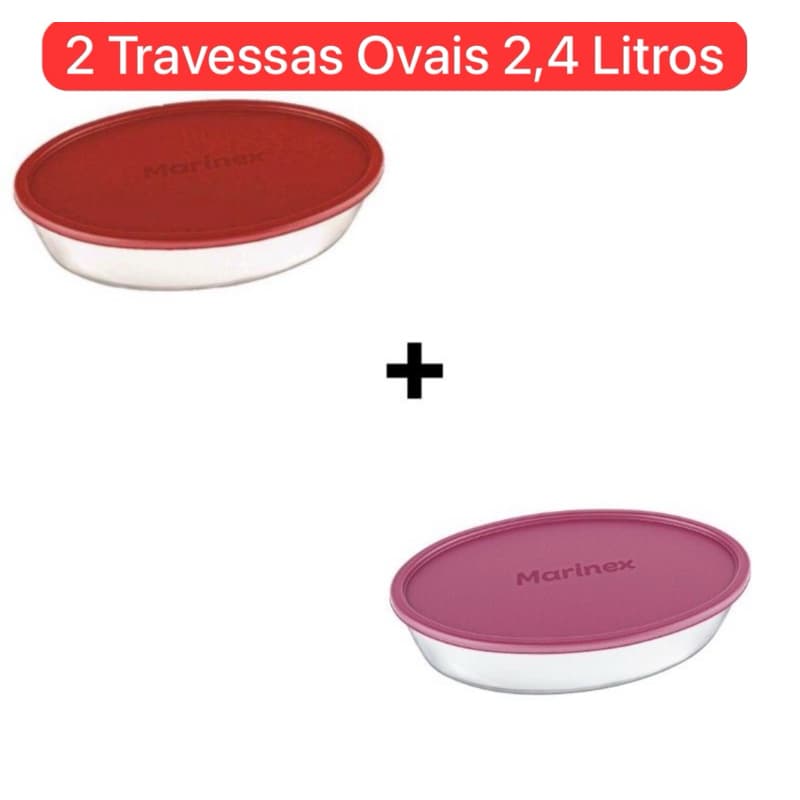 kit 2 Travessas Ovais Marinex 2,4 Litros com Tampa Assadeiras Pirex 2 peças