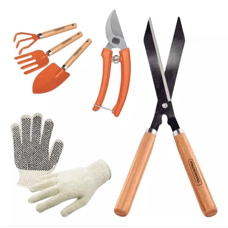 KIT JARDINAGEM (Ferramentas + tesourão + tesoura de poda + par de luvas)