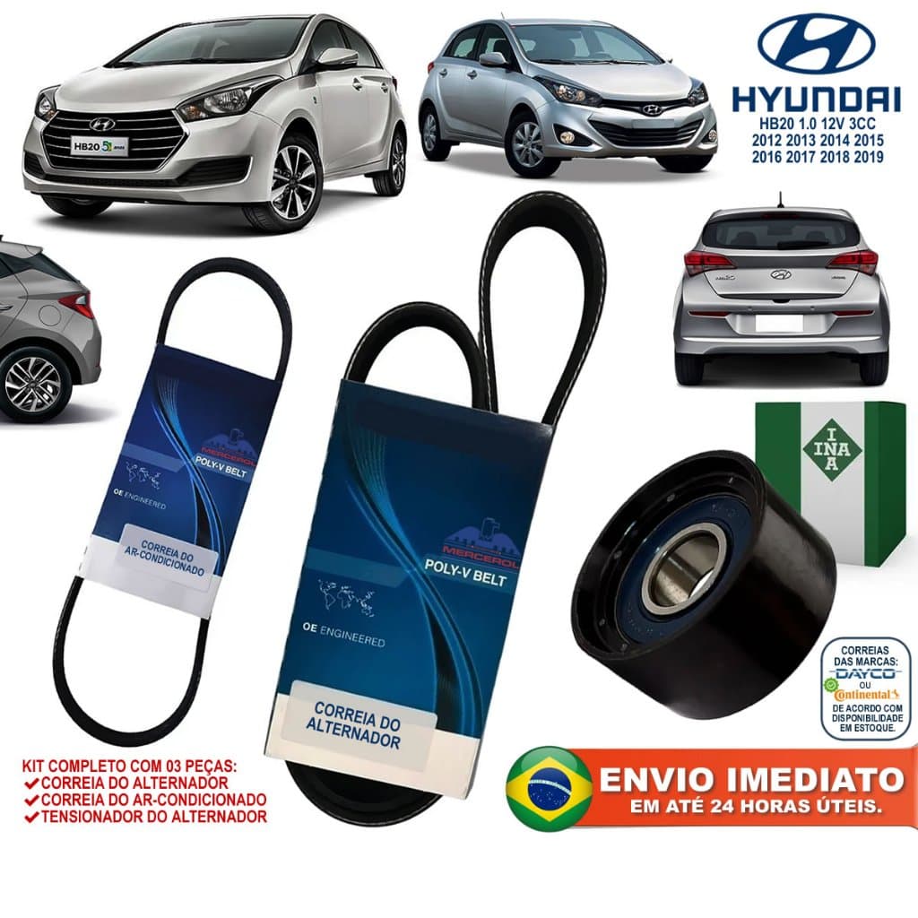 Kit Correia Alternador e Ar Completo com Tensor Hyundai Hb20 1.0 3cc 2012 a 2019 Novo c/NFe