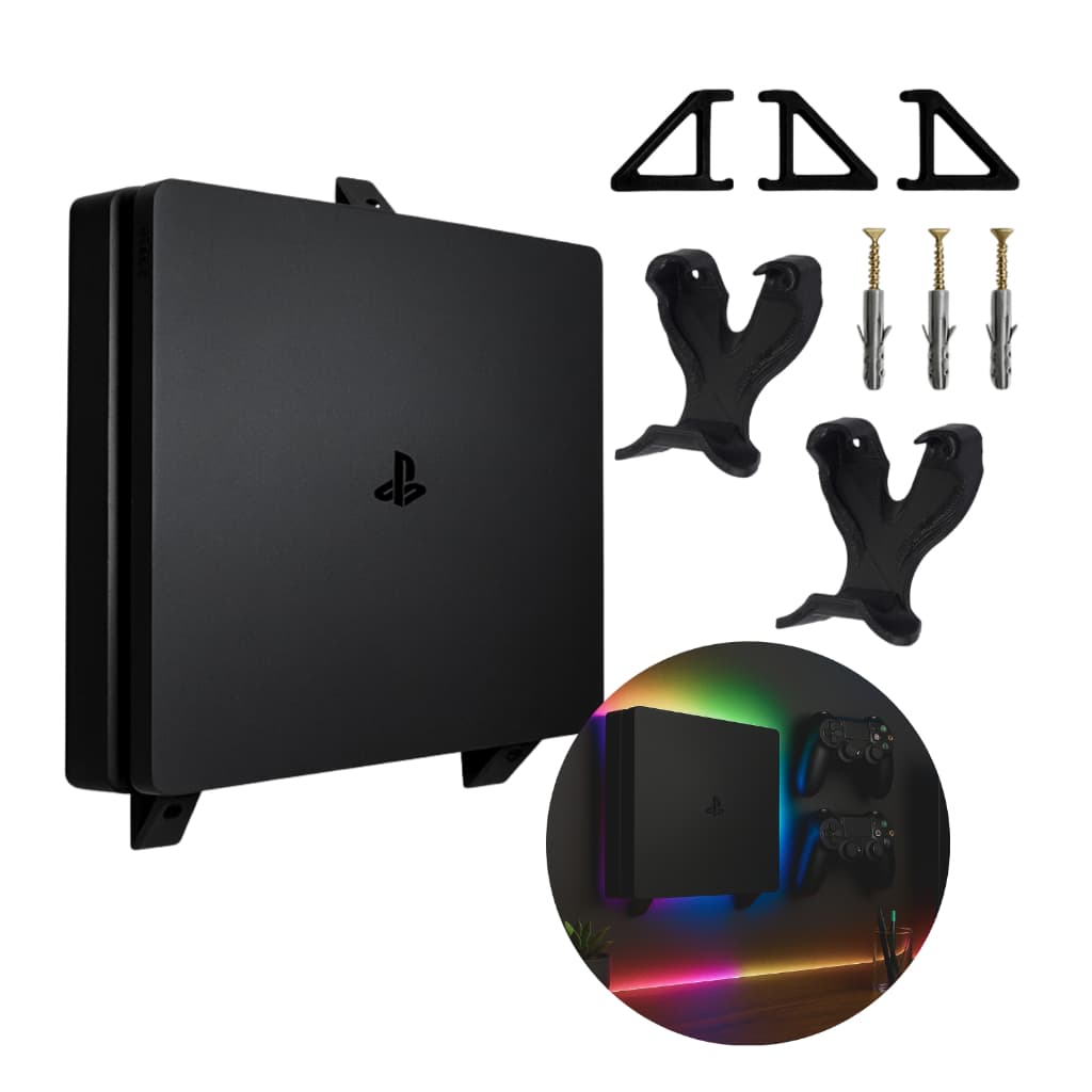 Kit Suportes De Parede Para Playstation 4 Slim + 2 Controles /Fácil Instalação/ Organize Setup Gamer
