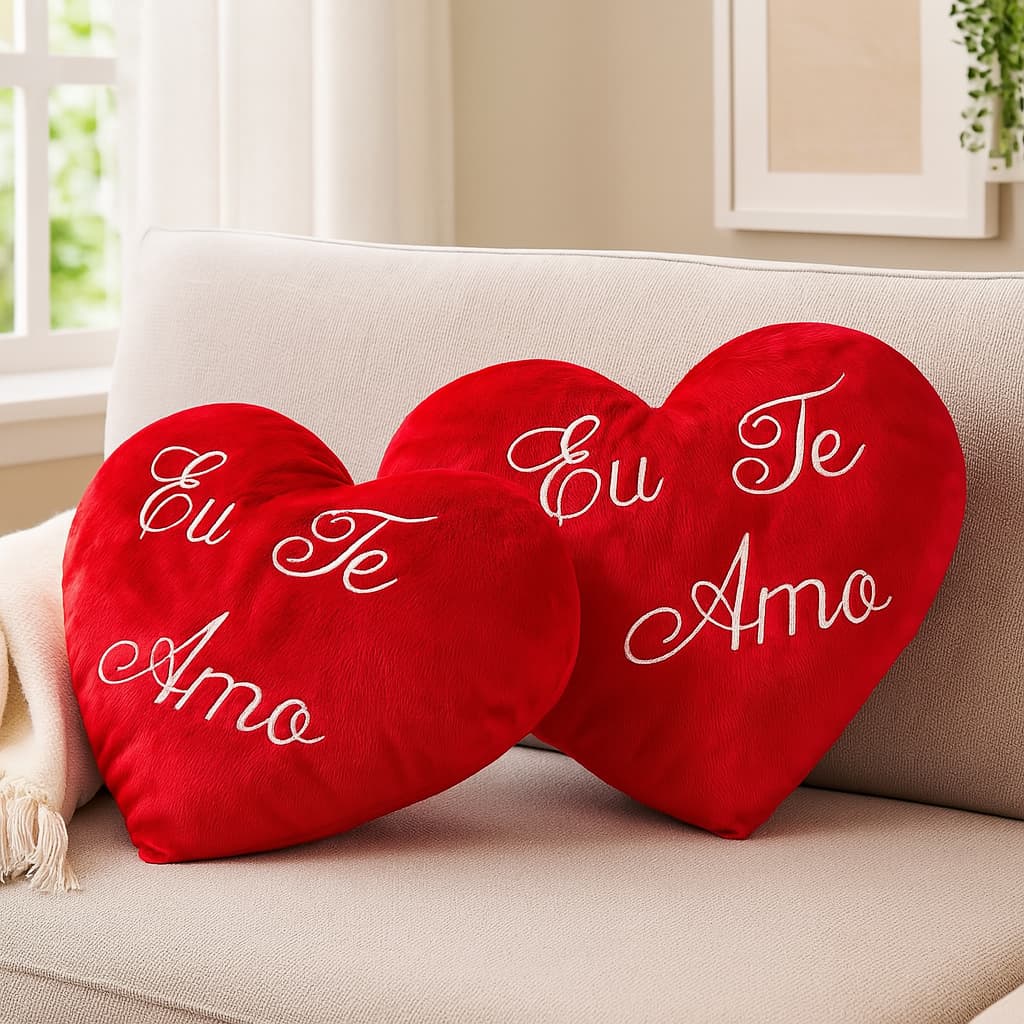 Almofada Coração de Pelúcia com Bordado Eu Te Amo – Presente Romântico Dia dos Namorados