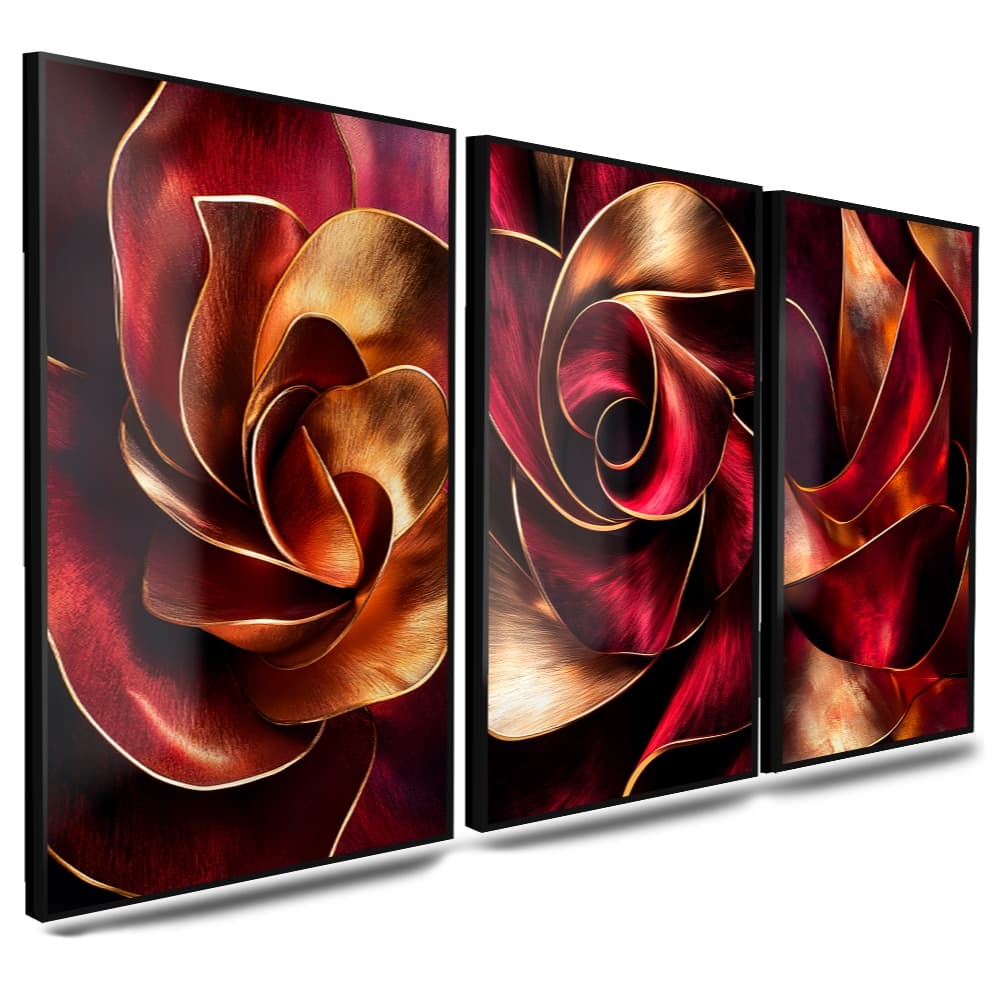 Quadros Decorativo Sala Quarto Grande Rosa Vermelha Jardim Gold 3 Peça Sala 122x60