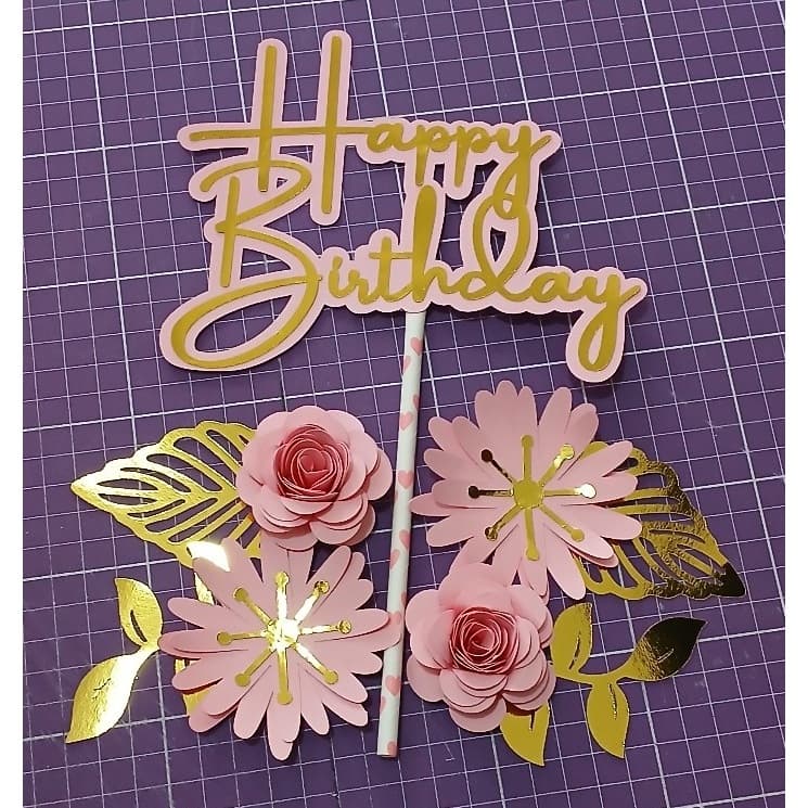 Topo de Bolo "Happy Birthday" com Flores em Papel, decoração de bolo, topper de bolo