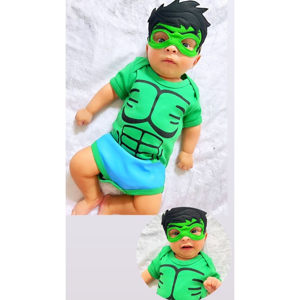 Body temático para mesversario incrível hulk Fantasia para bebê Máscara de feltro bordada roupa para bebê body hulk bebê