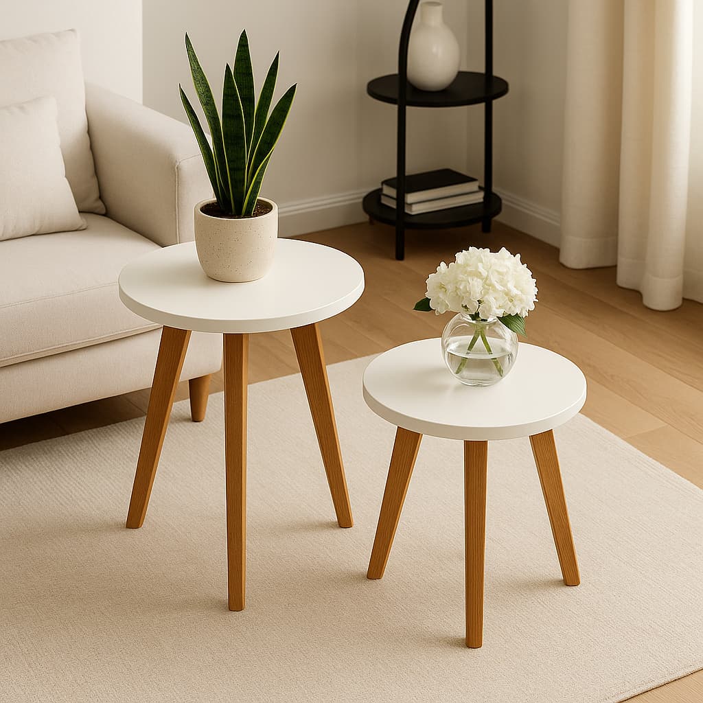 Kit Mesas de Apoio Redondas MDF com Pés Palito – 2 ou 3 Unidades, Mesa Lateral Retrô Decorativa Sala Cozinha Quarto