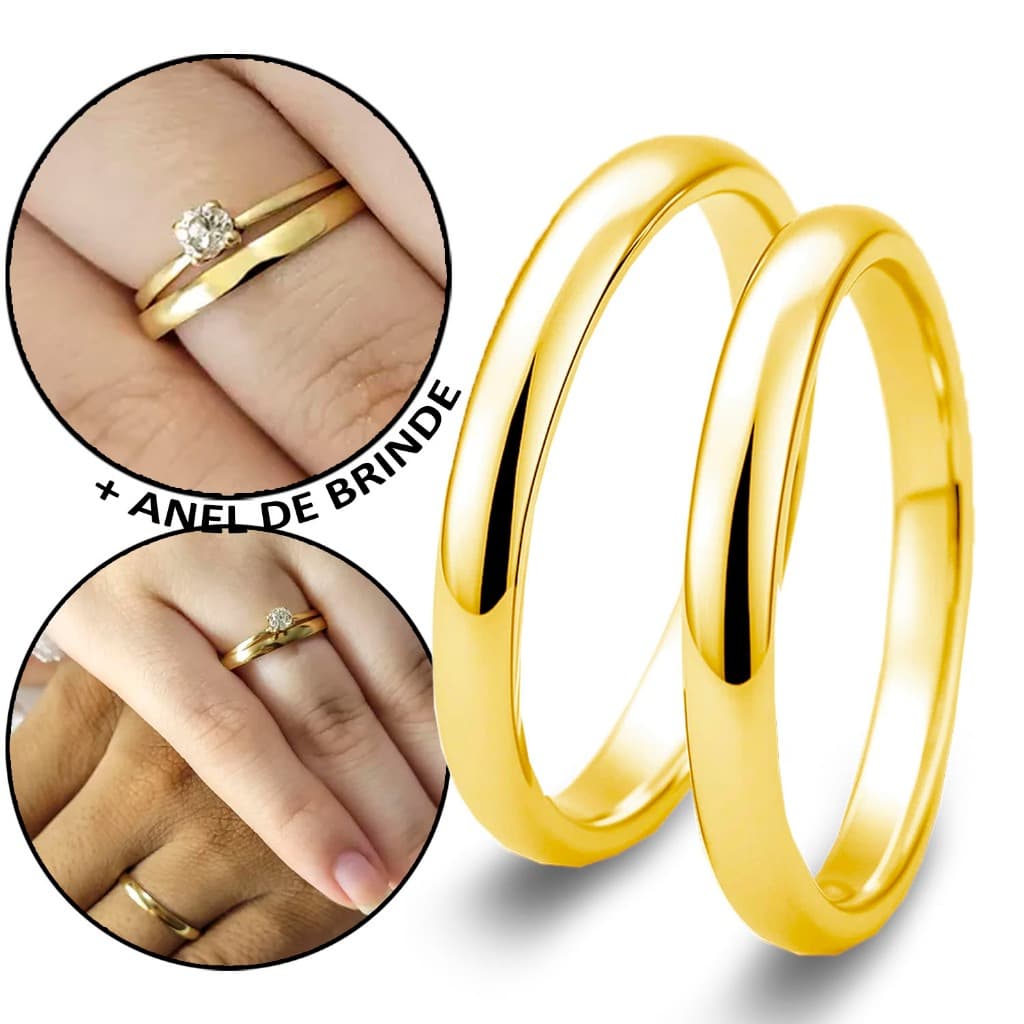 Par de Alianças Em moeda Antiga 3mm Abaulada Casamento Noivado Mais Anel Solitario