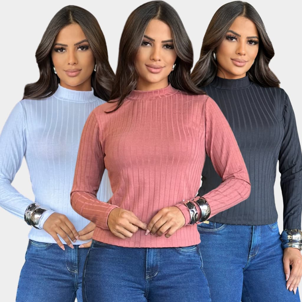 Kit 3 Blusa de Frio Estilo Cacharrel Feminina Gola Alta de Manga Longa Blusa Friu Inverno Outono