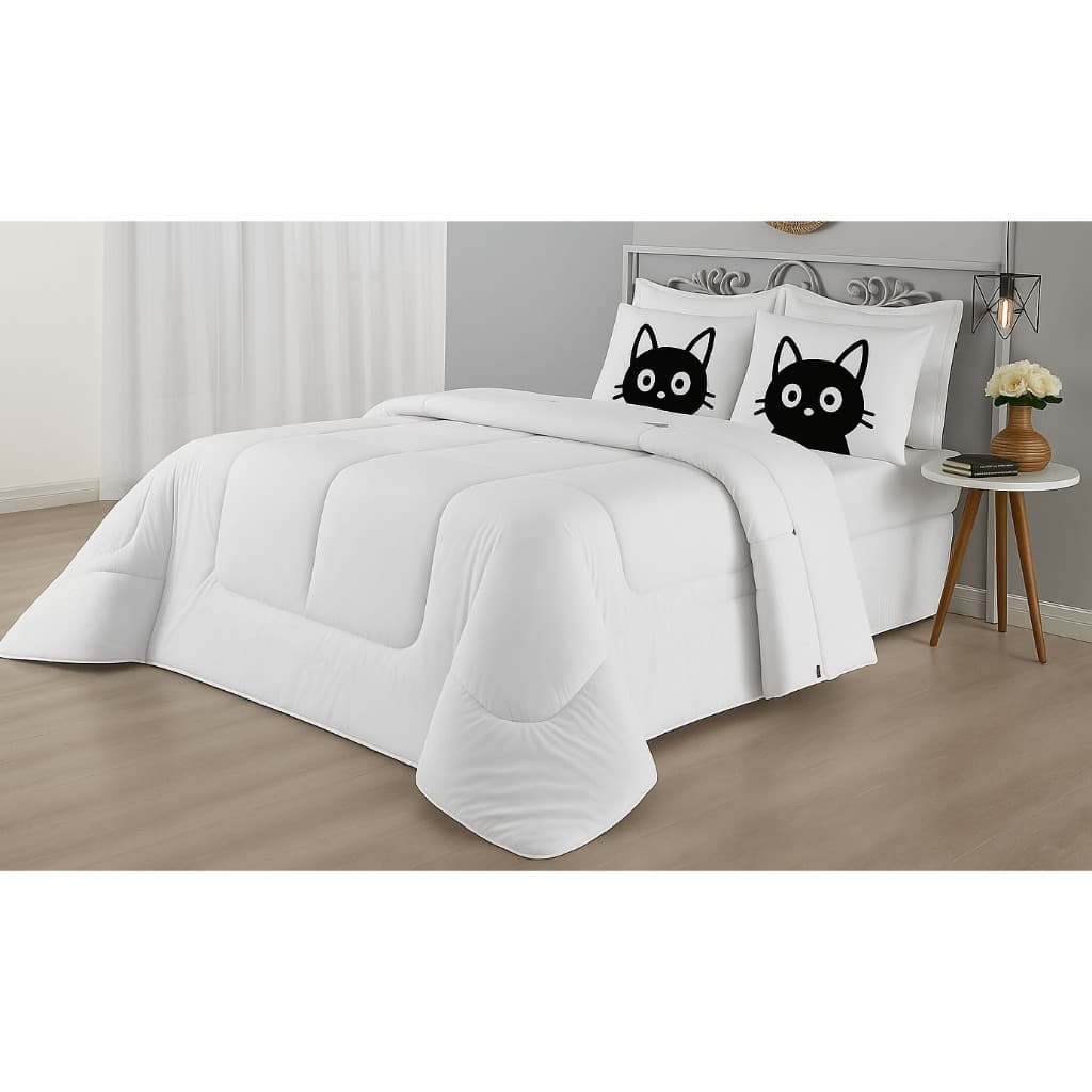 kit Edfedom Casal Queen Percal 200 fios Dupla Face Branco Gatinho com 3 peças