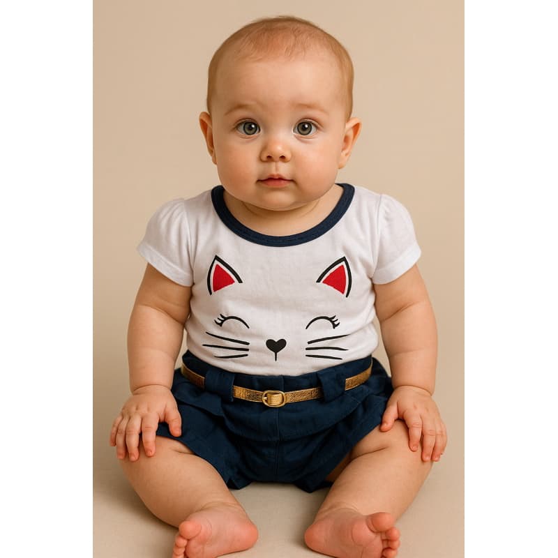 Conjunto de Bebê Menina gatinha short e blusa com cinto verão calor 3 a 6 meses blogueirinha