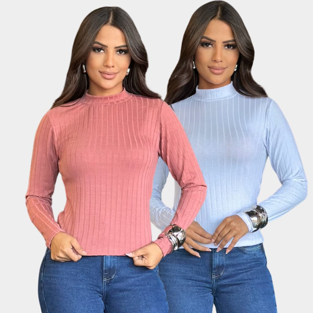 Kit 2 Blusa de Frio Cacharrel Feminina Gola Alta de Manga Longa Blusa Friu