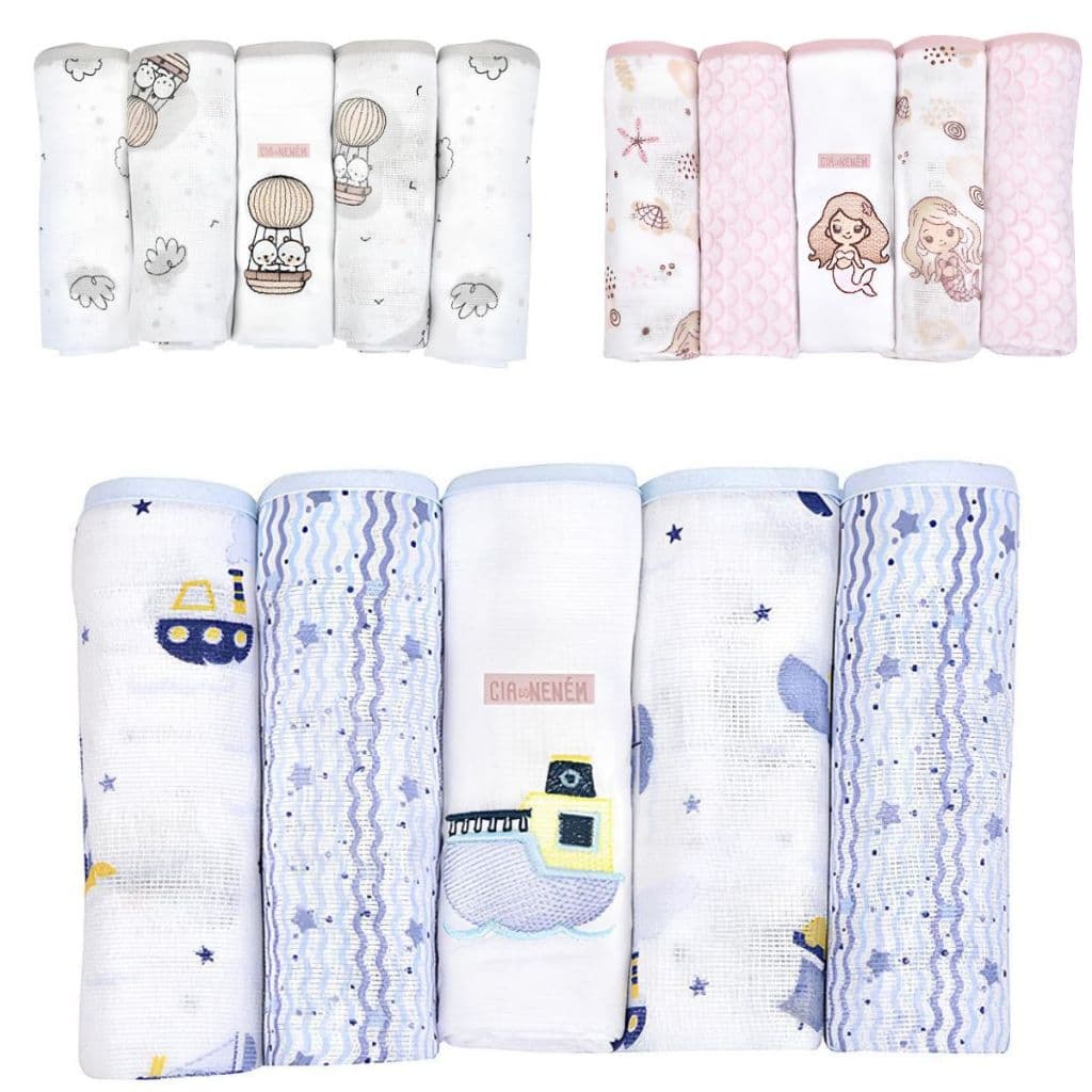 Fralda Bordada Bebê de Ombro 70x68cm Kit 5 Un. Com Bainha Cia do Neném - Minasrey