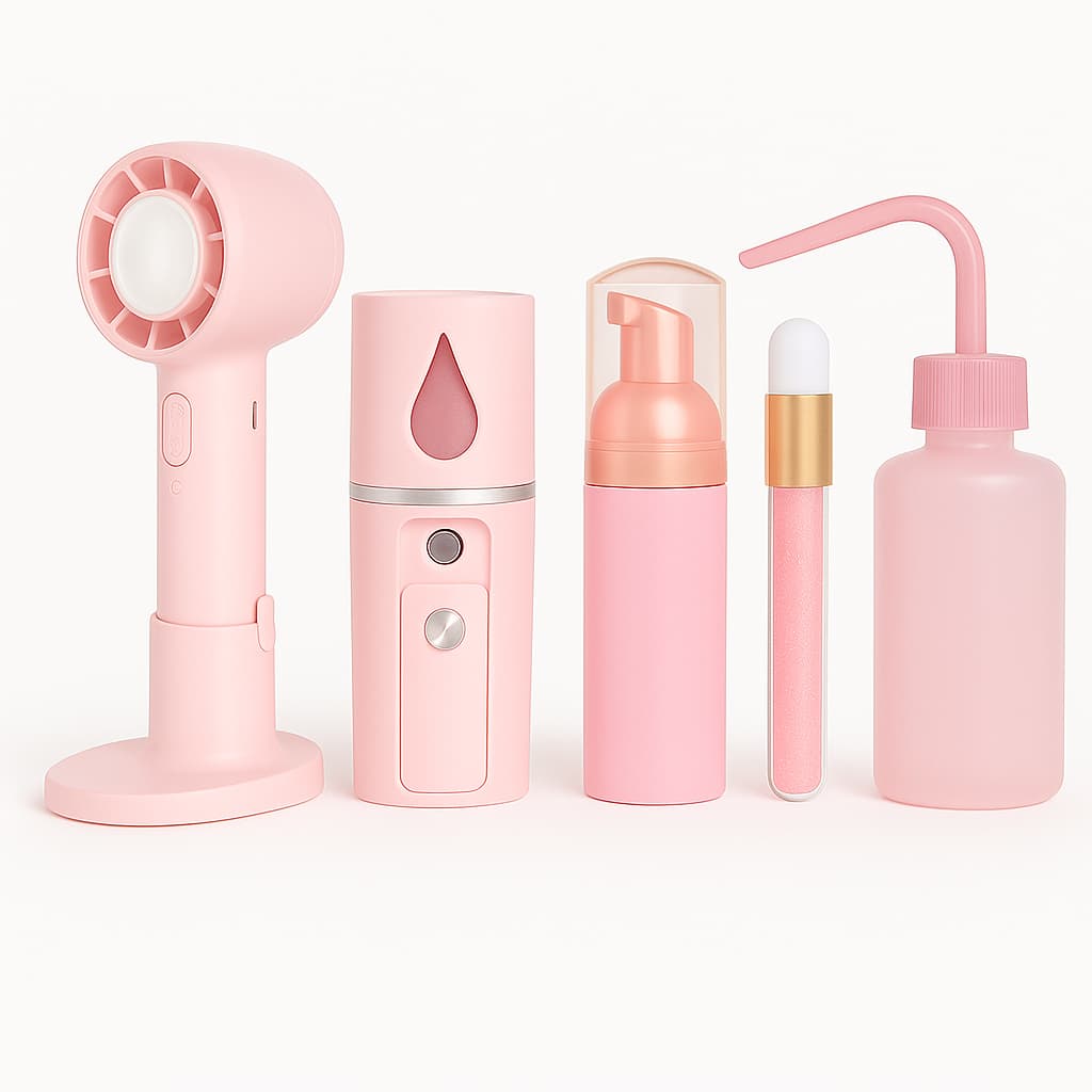 Kit Limpeza Higienização Facial Extensão de Cílios com Pump Espumador Pincel Pisseta Ventilador Nano